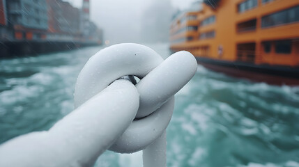 Closeup of a White Metal Rope Knot on a Rainy Day at a City Dock