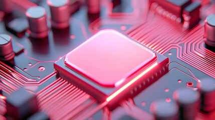 Glowing Futuristic Microchip with Red Circuitry Details