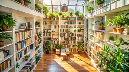 Fototapeta premium Aerial View: Modern Home Bookshelf with Plants & Books