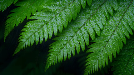 Closeup of Lush Green Fern Leaves with Water Droplets