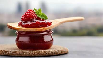 Closeup of Raspberry Jam on Wooden Spoon with City Background