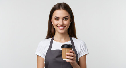 Cheerful Young Woman In Apron Holding A Coffee Cup Radiating Positive Energy And Professional