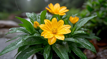 Closeup of Rain-Covered Yellow Flowers and Lush Green Leaves