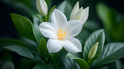 Closeup of White Jasmine Flower on Green Bush