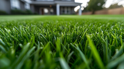 Closeup View of Lush Green Grass Lawn with House in Background