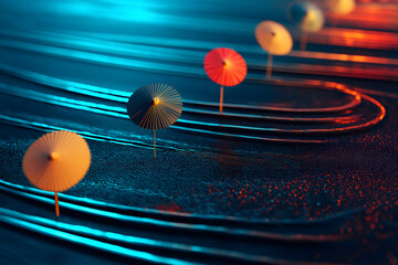 Abstract Minimal Art of Colorful Parasols on a Metallic-Tone Beach
