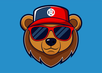 Naklejka premium Cool Bear's Stylish Expression: A friendly bear with stylish sunglasses and a fashionable cap, exudes confidence and playful charm, a symbol of modern appeal and urban flair.