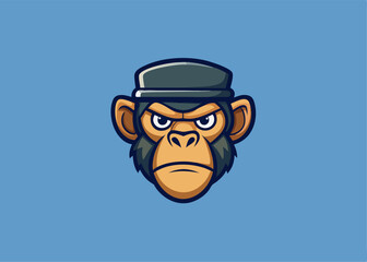 Obraz premium Chimpanzee with Hat: A stylized illustration of a chimpanzee head with a cap, conveying a sense of mischievous personality and cool demeanor. The contrasting blue backdrop adds a vibrant touch. 