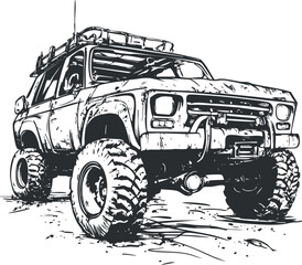 Black and white sketch illustration of a rugged offroad 4x4 truck with large tires and roof rack on rough terrain © vadymstock