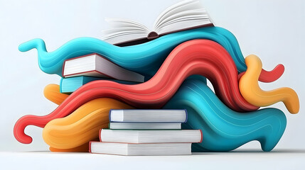Colorful Abstract Waves with Stack of Books