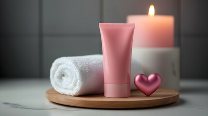Pink Lotion Tube on Marble with Candle and Towel