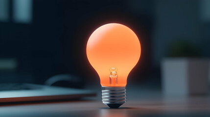 Glowing Orange Lightbulb on Dark Desk with Laptop