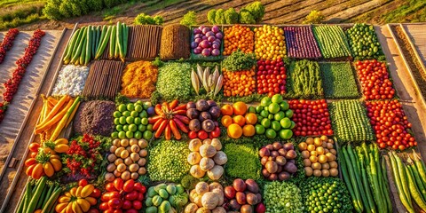 Aerial View of Colorful Farm Fields with Fresh Fruits and Vegetables