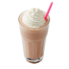 A chocolate milkshake with whipped cream and a pink straw in a clear glass cup on transparent background