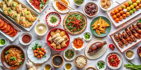 Fototapeta premium Aerial View of Delicious Chinese Feast on White Background - 8K Ultra HD Stock Photo