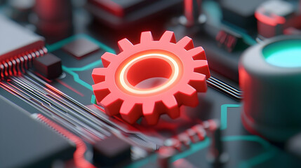 Glowing Red Gear Meshing on Circuit Board