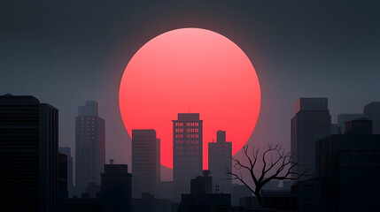 Pixel Art City Sunset: Red Sun Silhouette Over Dark Cityscape