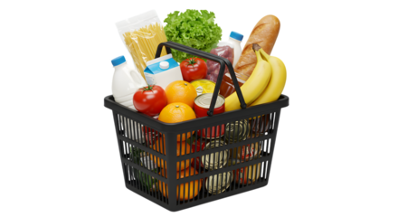 A shopping basket filled with a variety of groceries and food items inside it on transparent background