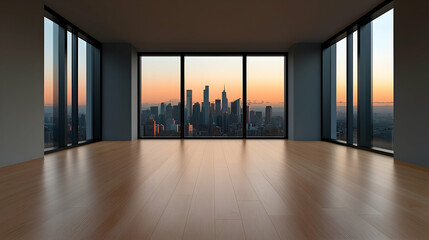 Modern Office with City Skyline Sunset View