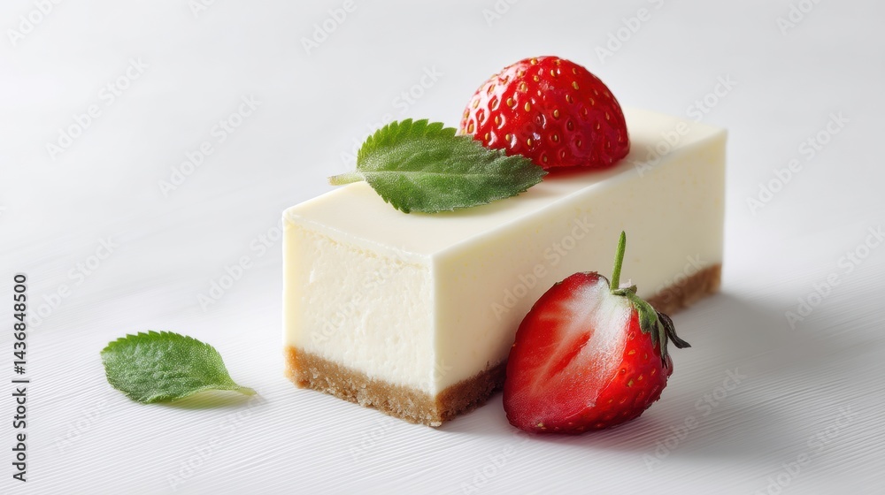 Poster Minimalistic Cheesecake Slice Topped With Fresh Strawberry and Mint Leaves on a White Backdrop Showcasing Soft Shadows and Elegant Simplicity