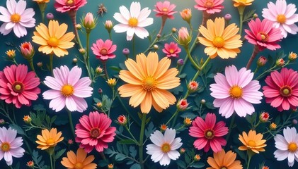 Delicate wildflowers in vibrant bloom, repeating pattern , bud, pastel