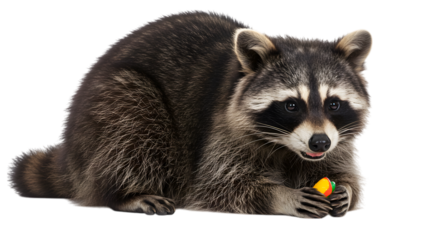 Raccoon sitting down holding a toy with its paws and sticking its tongue out on transparent background