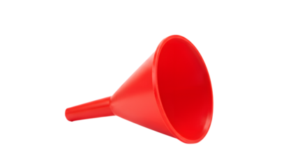 A single bright red plastic funnel lying angled to the left in the center view on transparent background