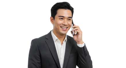 Smiling asian businessman in suit using a cell phone for a conversation call on transparent background