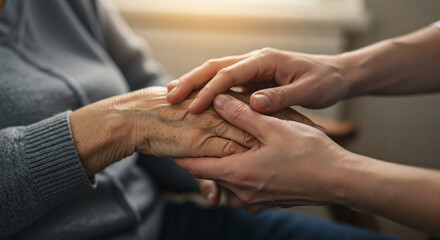 A close-up of an elderly patient's hands being gently held and comforted by a nurse
