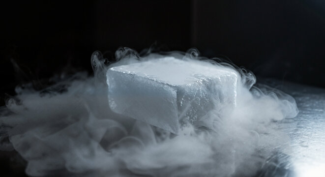A dry ice block sublimating on a metal surface, fog forming

