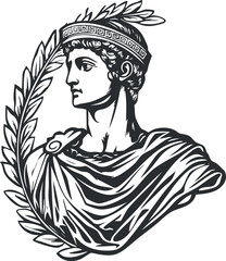 Black and white illustration of a Roman bust statue with laurel wreath and classical draped clothing