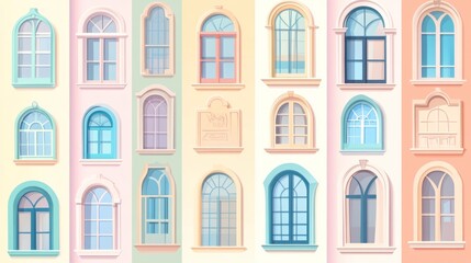 Obraz premium Colorful arched windows, building facade, pastel, design