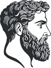 Black and white illustration of a man's side profile with a full beard and curly hair, vintage style.