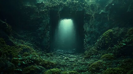 A mystical cave entrance glows invitingly amidst verdant moss and shaded rock formations.