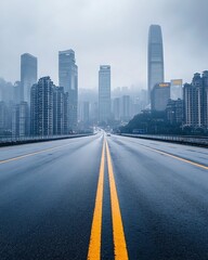 Fototapeta premium Wet Highway and Cityscape in Fog