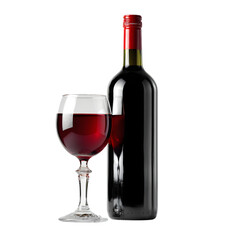 Still life of a wine glass filled with red wine and a wine bottle standing tall on transparent background