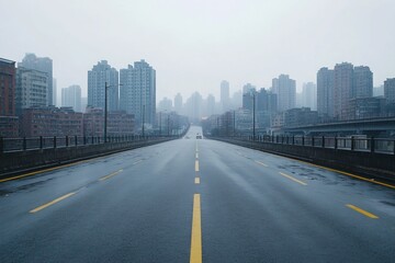 Fototapeta premium Wet Road and Urban Skyline on Hazy Day