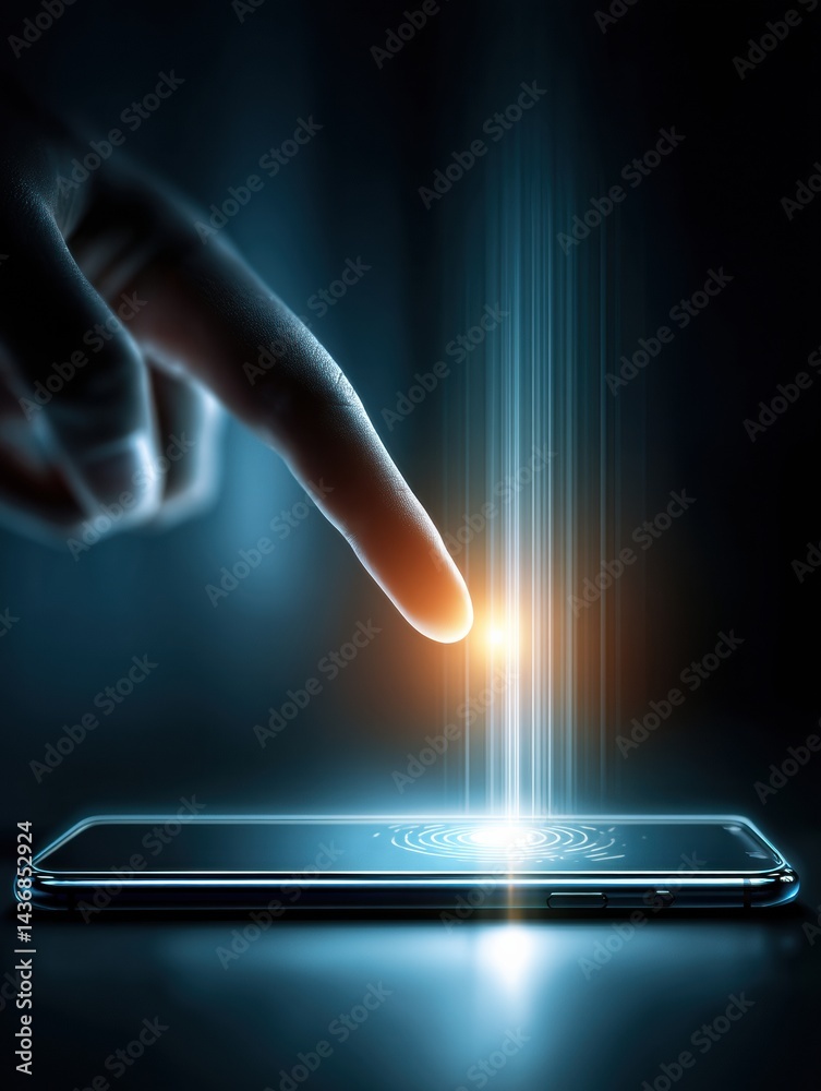 Poster floating hand interacts with glowing biometric scanner on smartphone in dark environment