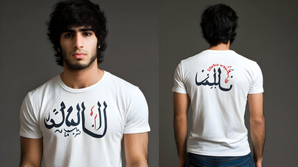 Fototapeta premium Man wearing a white t-shirt with arabic script design.