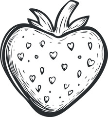 Black and white hand drawn outline of a heart shaped strawberry with seeds and leaves