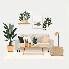 Stylish scandi compostion at living room interior with design gray sofa, wooden coffee table, shelf, cube, carpet, rattan pouf, plants, table lamp and elegant accessories in home decor.