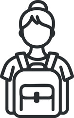 Outline icon of a female student wearing a backpack standing facing forward in simple black line art