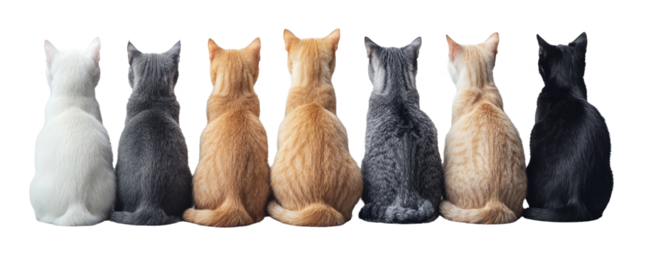 PNG Group of different cats sitting back colorful.