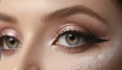 Obraz premium Macro close-up shows the beautiful iris and eyelashes enhanced by the woman's eye makeup, displaying a stunning look.