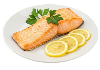 Delicious grilled salmon fillet with lemon slices on a white plate