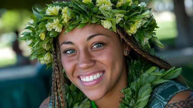 Portrait of a smiling woman with green eyes wearing a leaf lei and flower crown with tropical blossoms celebrating Hawaiian culture