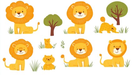 Fototapeta premium Cute lion family playing in savanna grassland; children's book illustration