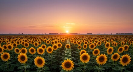 Obraz premium A field of sunflowers (one per EU nation), stems braided together under a rising sun