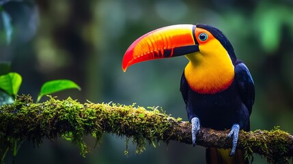 Obraz premium Vibrantly colored toucan perched on a mossy rainforest branch its massive beak glowing under soft jungle light ultra HD wildlife portrait