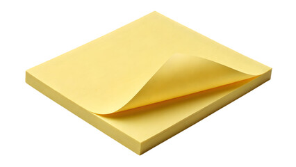 Close up shot of a stack of yellow sticky notes with one page being peeled back on transparent background